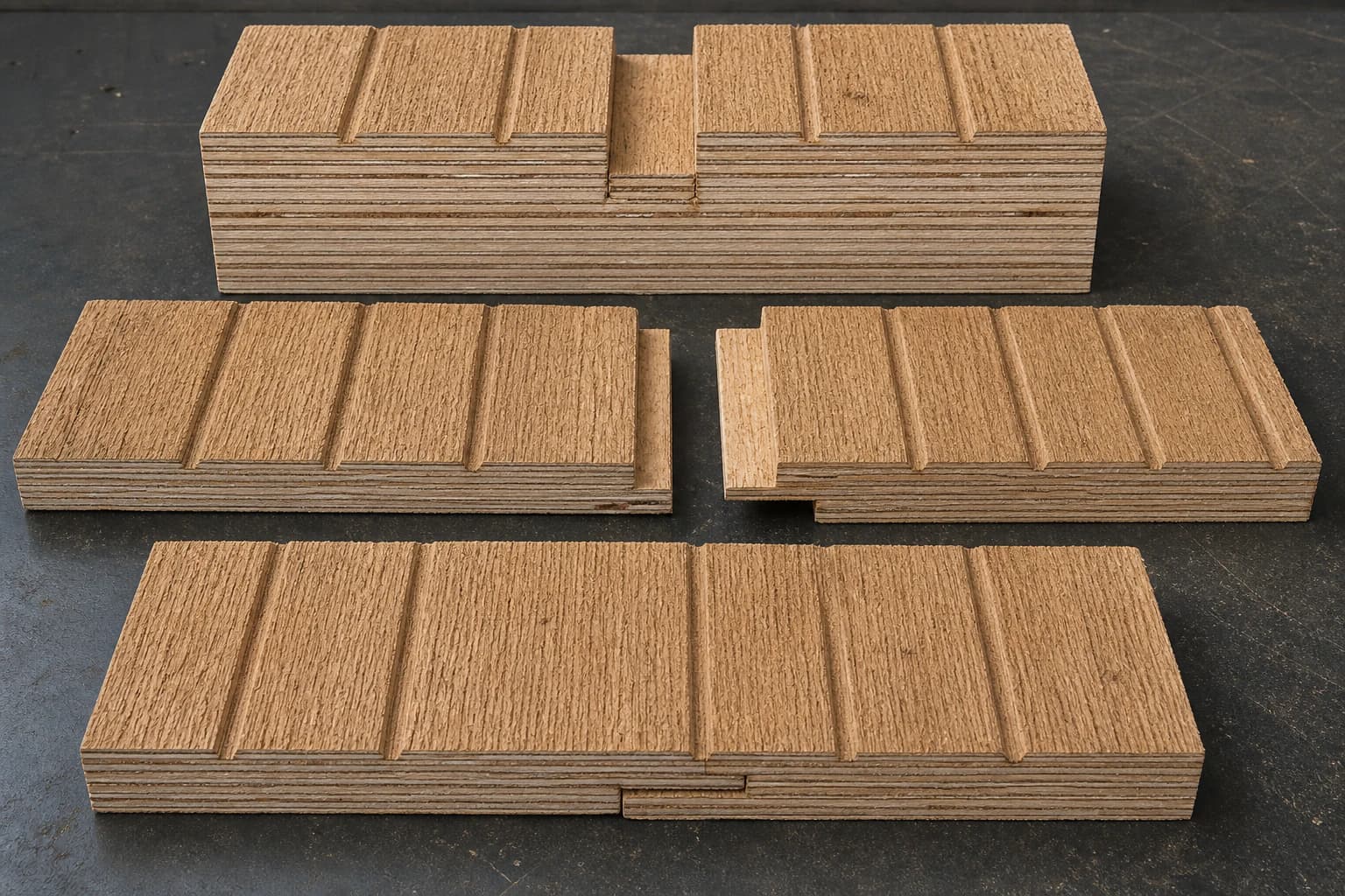 Rough-sawn plywood cutaways show routed groove depth, remaining plies, opposite rebated edge coupons and an overlapped flush shiplap pair