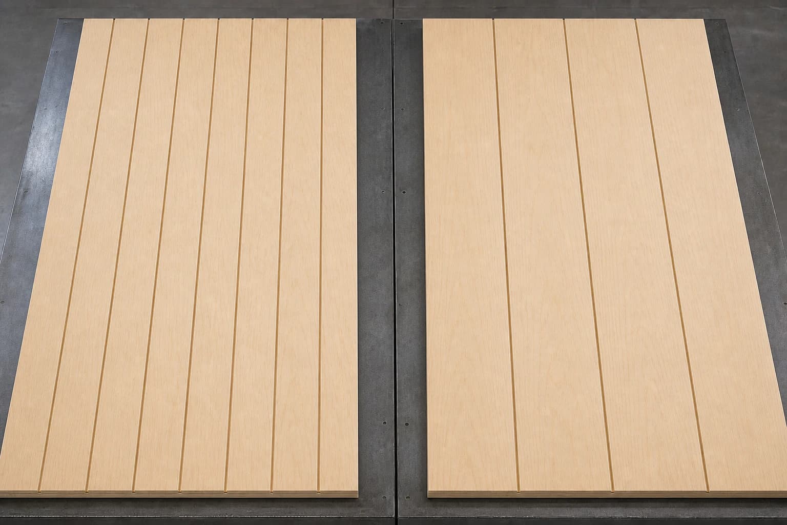 Two equal full-size plywood siding sheets compare uniform close and wide routed groove rhythms at a measured two-to-one pitch ratio