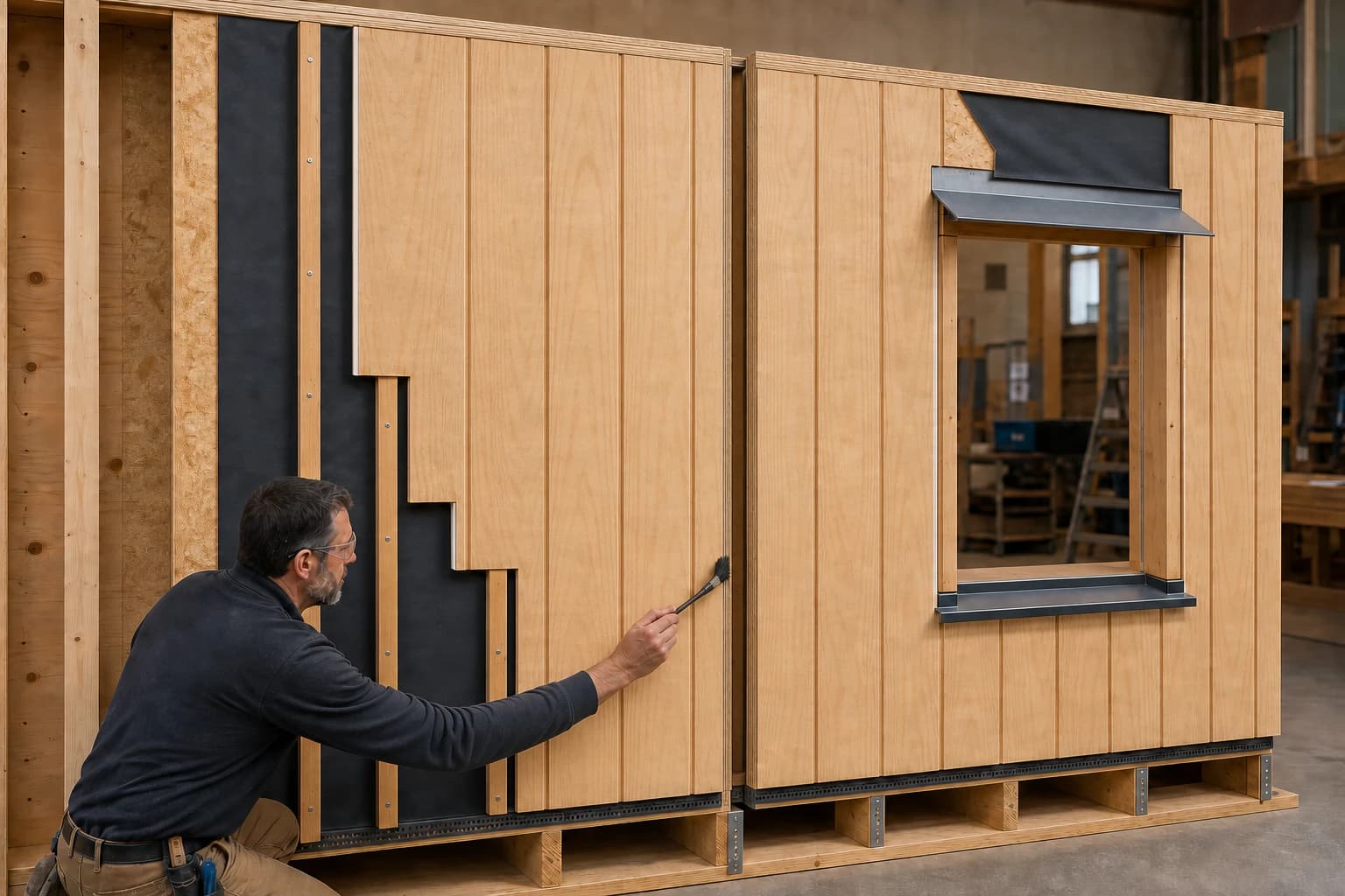 Two full-sheet grooved plywood wall fields expose a supported shiplap reveal, sheathing, weather barrier, drainage battens, fasteners and window flashing while an installer seals a site-cut edge