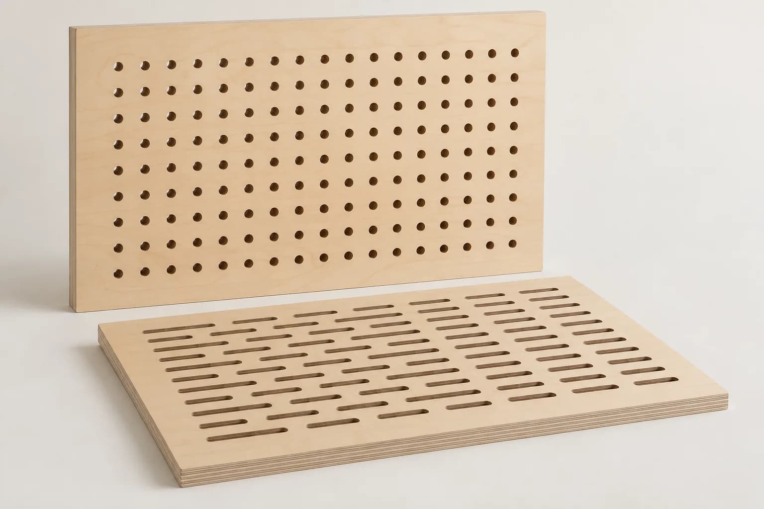 Birch-faced plywood panels with circular through-holes, elongated through-slots and solid fixing borders