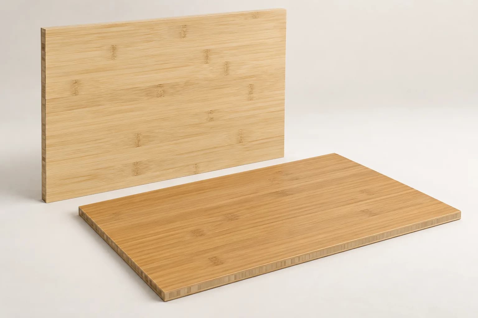 Natural and caramel bamboo panels showing joined bamboo strips, node marks and cut edges