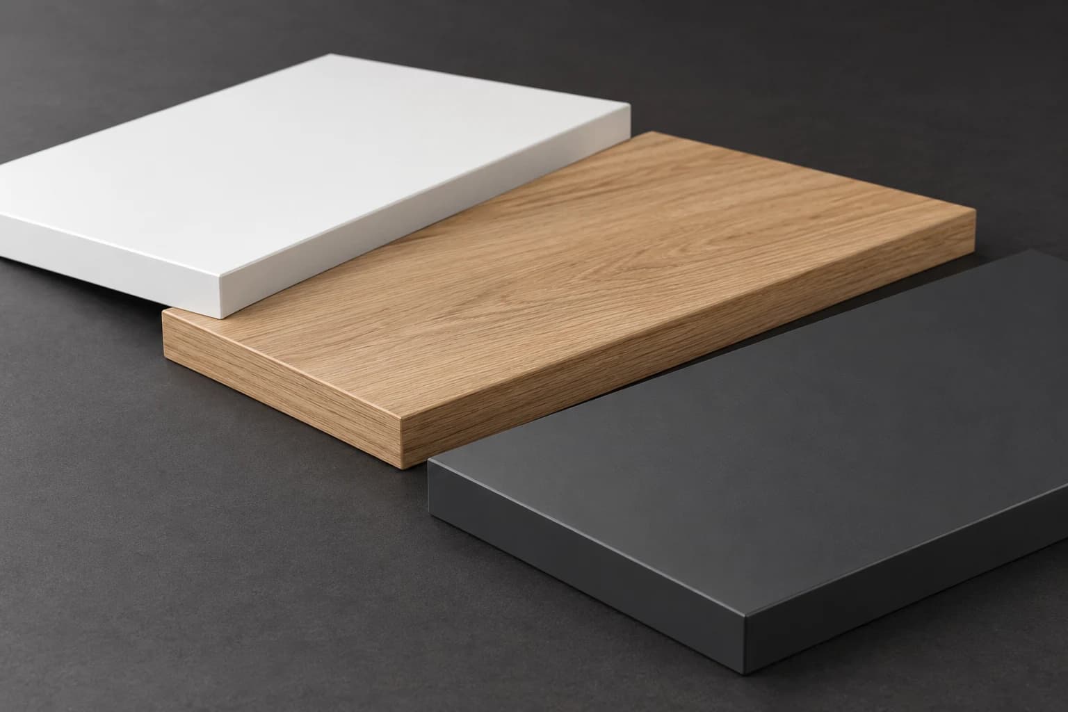 Match the finished edge to the panel face White, wood-finished and charcoal plywood panels with smooth matching finished edges