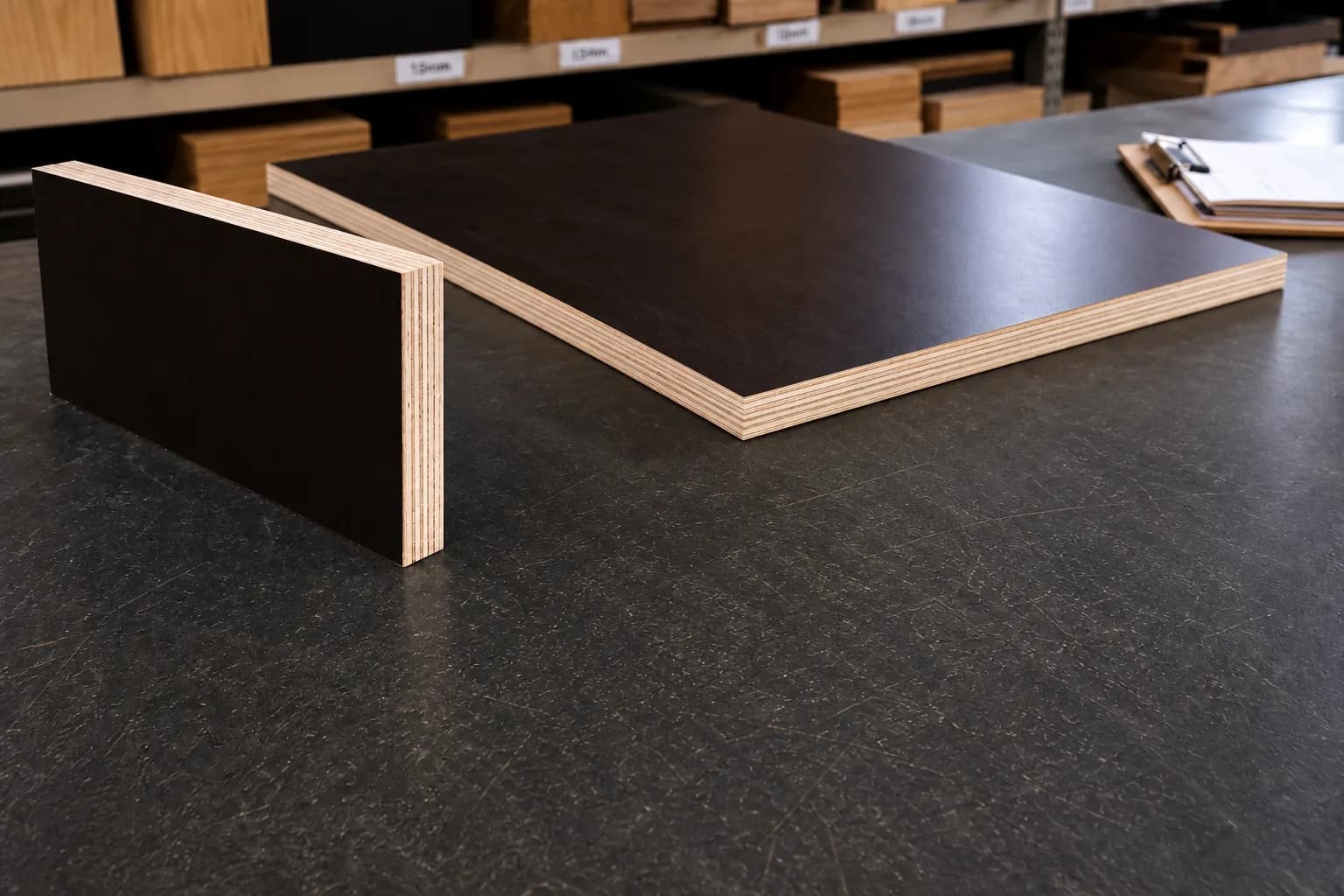 Black film-faced plywood with a smooth working face and layered cut edges