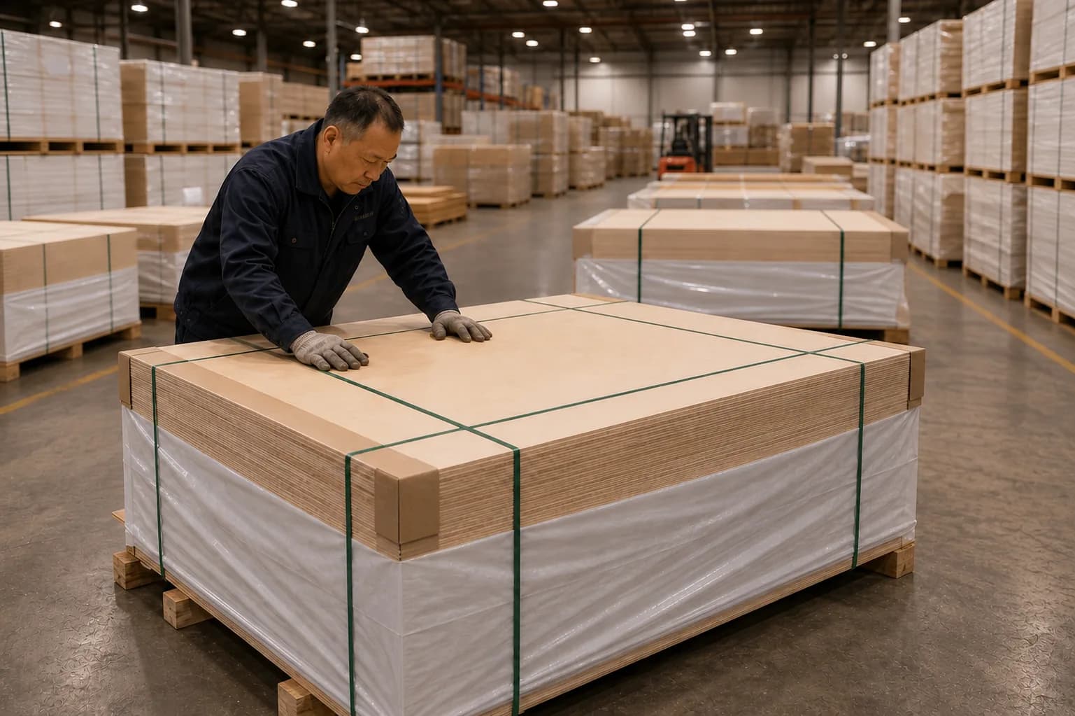 Plywood pallet secured with green straps, corner protection and wrapping in a warehouse