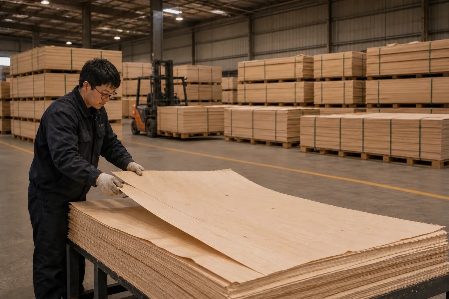 Veneer lifted from a stack before plywood manufacture