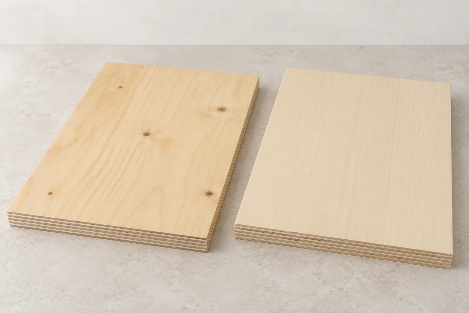 Pine-faced and spruce-faced softwood plywood panels with natural grain and visible layered edges