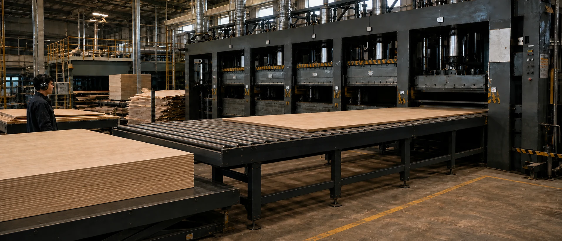 Wide plywood production line with a multi-opening hot press, one full panel moving on a level roller conveyor and a full-size panel stack on the left lift table